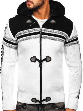 Biely hrubý pánsky sveter so zapínaním na zips s kapucňou Bolf  2034