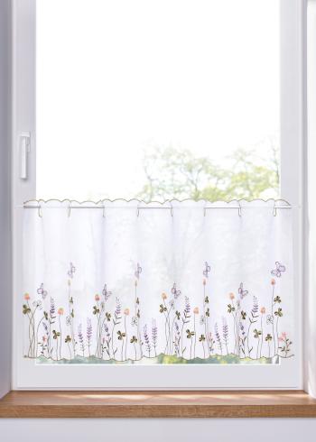Vitrážková záclona s kvetovanou výšivkou