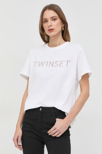 Bavlnené tričko Twinset biela farba