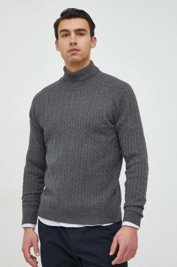 Bavlnený sveter Selected Homme pánsky, šedá farba, tenký, s rolákom