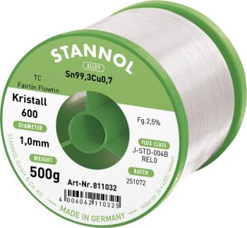 Stannol Kristall 600 Fairtin spájkovací cín bez olova bez olova Sn99,3Cu0,7 500 g 1 mm