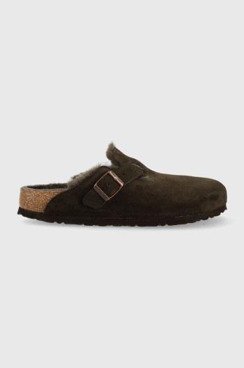 Semišové šľapky Birkenstock Boston FUR dámske, hnedá farba, 1020529