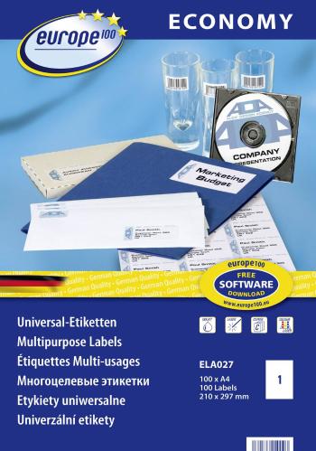 Europe 100 ELA027 etikety 210 x 297 mm papier  biela 100 ks permanentné univerzálne etikety atrament, laser, kópie 100 B