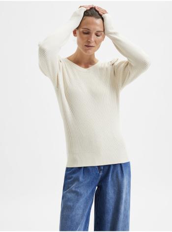Krémový dámsky rebrovaný sveter s nariasenými rukávmi Selected Femme Isla