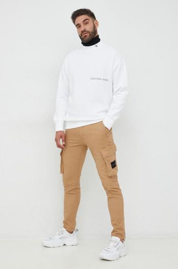 Mikina Calvin Klein Jeans pánska, biela farba, s kapucňou, s potlačou