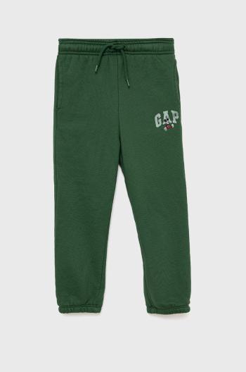Detské nohavice GAP zelená farba, s potlačou