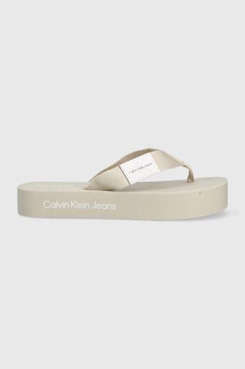 Žabky Calvin Klein Jeans FLATFORM FLIPFLOP dámske, béžová farba, na platforme, YW0YW00993