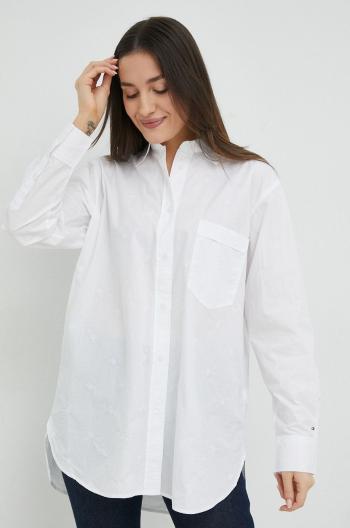 Bavlnená košeľa Tommy Hilfiger dámska, biela farba, voľný strih, s klasickým golierom