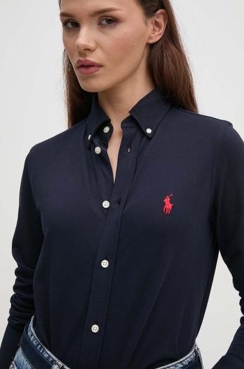 Bavlnená košeľa Polo Ralph Lauren dámska, tmavomodrá farba, regular, s klasickým golierom, 211924258