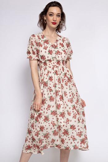 Smotanové kvetované midi šaty Lilly