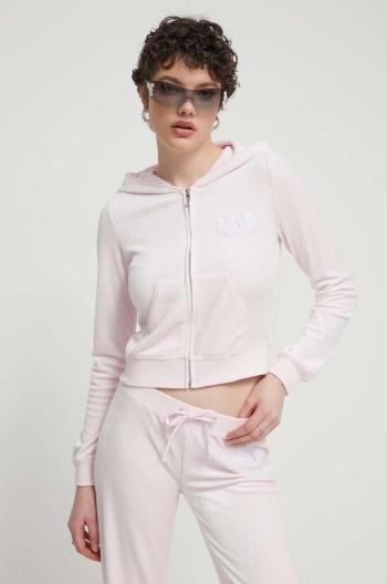 Velúrová mikina Juicy Couture ružová farba, s kapucňou, s nášivkou