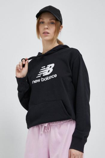 Mikina New Balance dámska, čierna farba, s kapucňou, vzorovaná