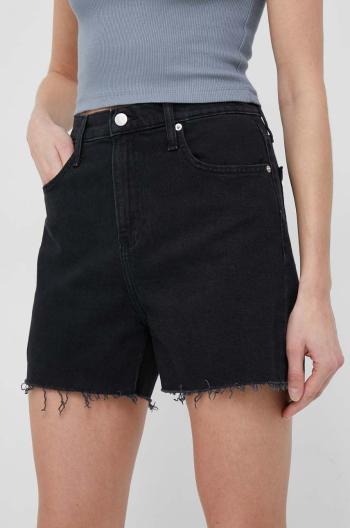 Rifľové krátke nohavice Calvin Klein Jeans dámske, čierna farba, jednofarebné, vysoký pás