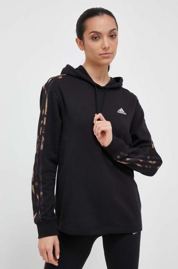 Bavlnená mikina adidas dámska, čierna farba, s kapucňou, s nášivkou