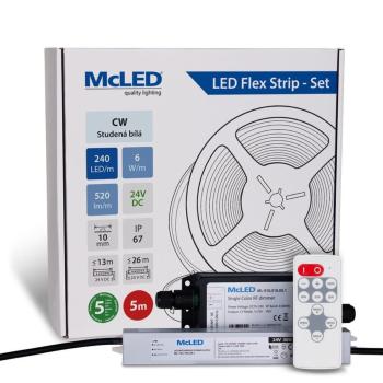 McLED LED páska - sada 5 m + Prijímač Nano IP67, 240 LED/m, CW, 6 W/m, DC 24V, 520 lm/m, CRI90, IP67, 10 mm, vodič 3 m ML-126.032.90.S05002