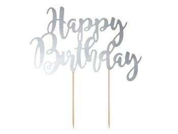 PartyDeco Ozdoba na tortu  "Happy Birthday" - strieborná