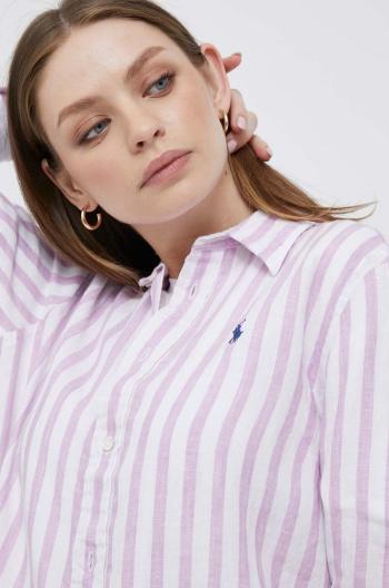 Ľanová košeľa Polo Ralph Lauren ružová farba, voľný strih, s klasickým golierom