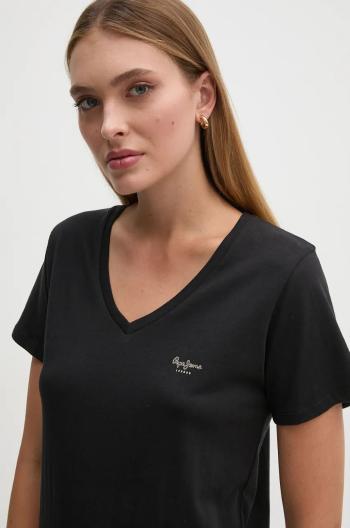 Bavlnené tričko Pepe Jeans FIORE V NECK dámske, čierna farba, PL505948