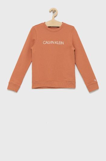 Detská bavlnená mikina Calvin Klein Jeans oranžová farba, s potlačou