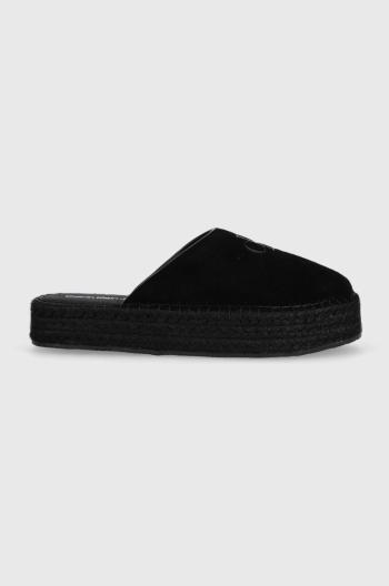 Semišové šľapky Calvin Klein Jeans FLATFORM ROPE MULE SU CON čierna farba, na platforme, YW0YW00986