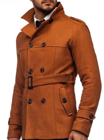 Hnedý pánsky zimný dvojradový kabát s vysokým golierom a opaskom Bolf 0009