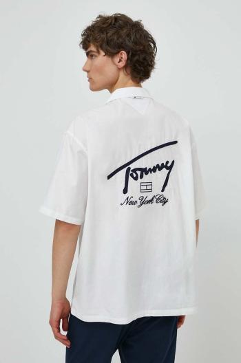 Bavlnená košeľa Tommy Jeans pánska, biela farba, voľný strih, DM0DM19139, DM0DM19139