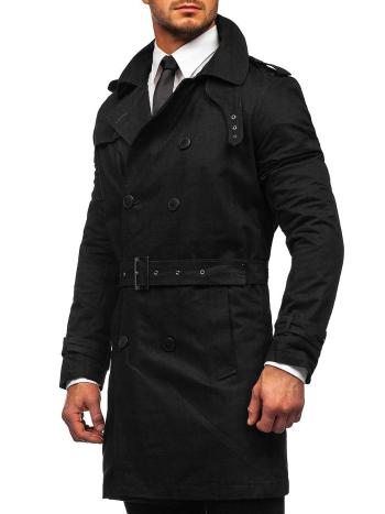 Čierny pánsky dvojradový trenčkot kabát s vysokým golierom a opaskom Bolf 5569