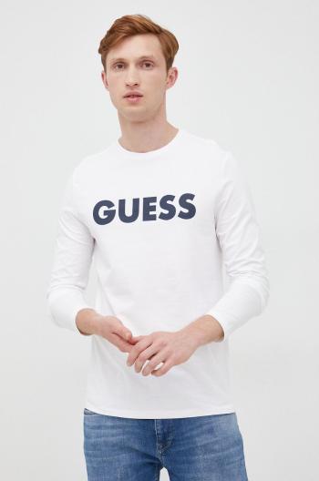 Tričko s dlhým rukávom Guess pánske, biela farba, s potlačou