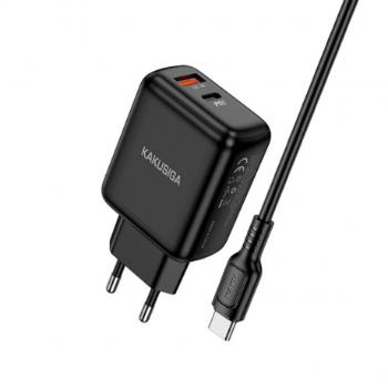 KAKU KSC-670 sieťová nabíjačka USB / USB-C QC PD 30W + kábel USB-C / USB-C, čierna
