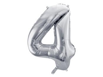 PartyDeco Fóliový balón narodeninové číslo 4 strieborný 86cm