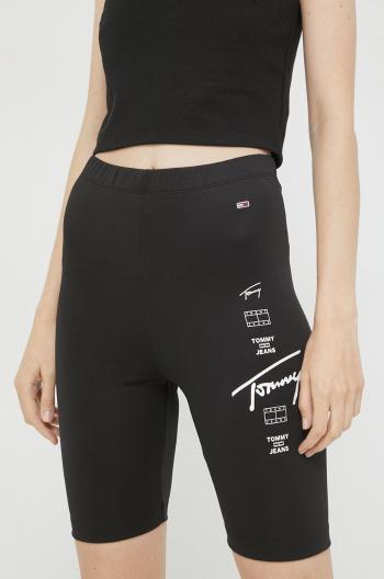 Šortky Tommy Jeans dámske, čierna farba, s potlačou, vysoký pás