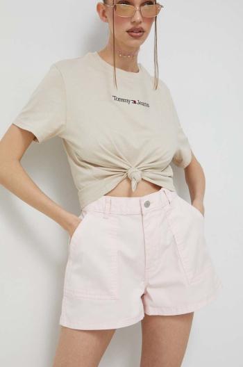 Šortky Tommy Jeans dámske, ružová farba, jednofarebné, vysoký pás