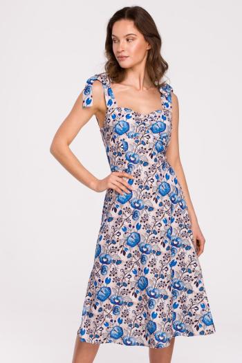 Béžovo-modré kvetované midi šaty K134