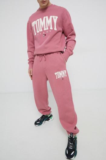 Nohavice Tommy Jeans pánske, ružová farba, s nášivkou