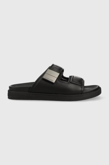 Kožené šľapky Calvin Klein DOUBLE STRAP SANDAL pánske, čierna farba, HM0HM00945