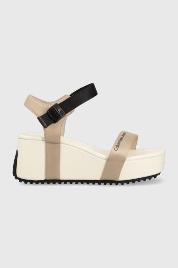 Sandále Calvin Klein Jeans WEDGE BLCOK SANDAL SATIN/HW dámske, biela farba, na platforme, YW0YW00980