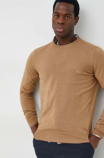 Bavlnený sveter BOSS pánsky, béžová farba, tenký