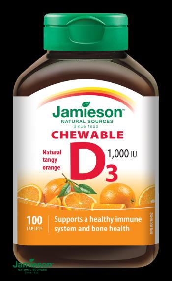 Jamieson Vitamín D3 1000IU s príchuťou pomaranča tablety na cmúľanie 100 ks