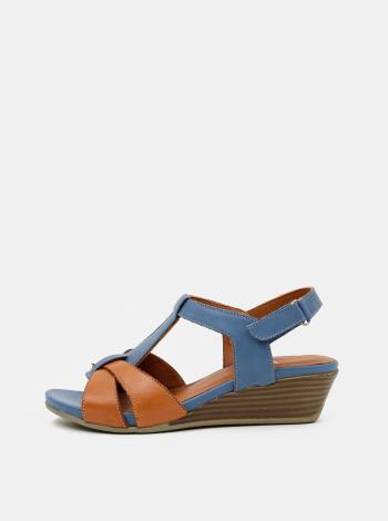 Hnedo-modré kožené sandálky na plnom podpätku WILD