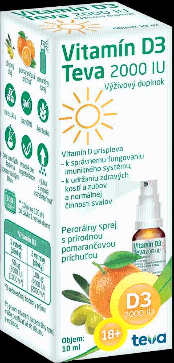 Teva Vitamín D3 2000 IU Perorálne sprej s pomarančovou príchuťou 10 ml