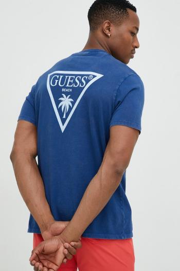 Bavlnené tričko Guess tmavomodrá farba, s potlačou