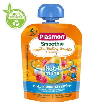 PLASMON Kapsička Smoothie NUTRI-MUNE bezlepková ovocie-jogurt hruška a malina s cereáliami 85g, 8 m+