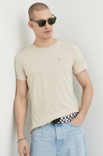 Tričko Tommy Jeans pánske, béžová farba, jednofarebné
