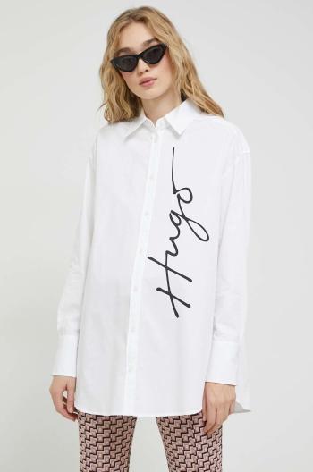 Bavlnená košeľa HUGO dámska, biela farba, voľný strih, s klasickým golierom