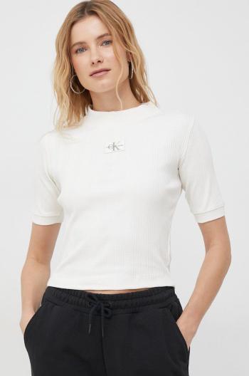 Tričko Calvin Klein Jeans dámsky, béžová farba, s polorolákom