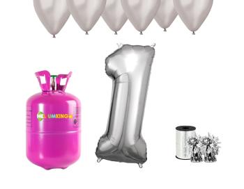 HeliumKing Hélium párty set na 1. narodeniny so striebornými balónmi