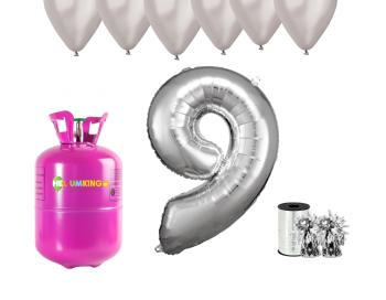 HeliumKing Hélium párty set na 9. narodeniny so striebornými balónmi