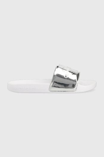 Šľapky Calvin Klein Jeans SLIDE METALLIC MONOLOGO dámske, strieborná farba, YW0YW00638