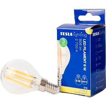 Tesla – LED žiarovka miniglobe FILAMENT RETRO E14, 6 W, 230 V,806 lm,25 000 h, 2 700 K teplá biela, (MG140627-1)