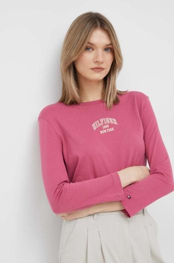 Bavlnené tričko s dlhým rukávom Tommy Hilfiger ružová farba,